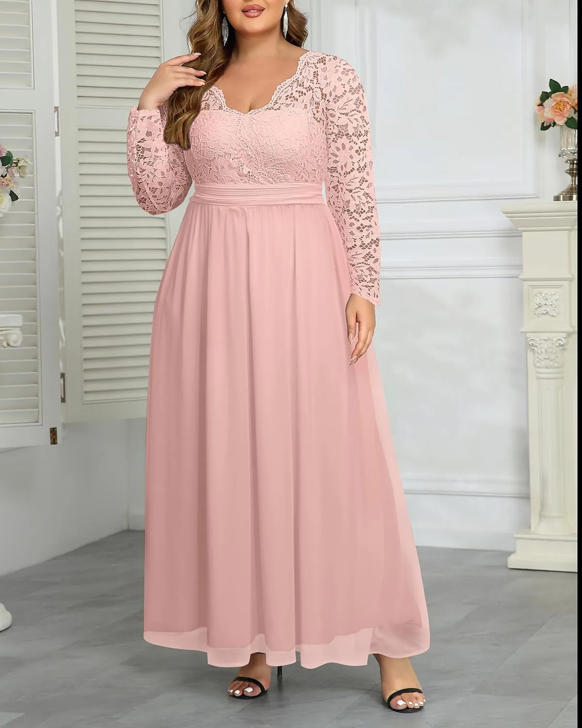 Plus Size Formal Wedding Dresses - Gowns Evening Prom Elegant V Neck Long Sleeve Lace Chiffon Long Maxi Dress
