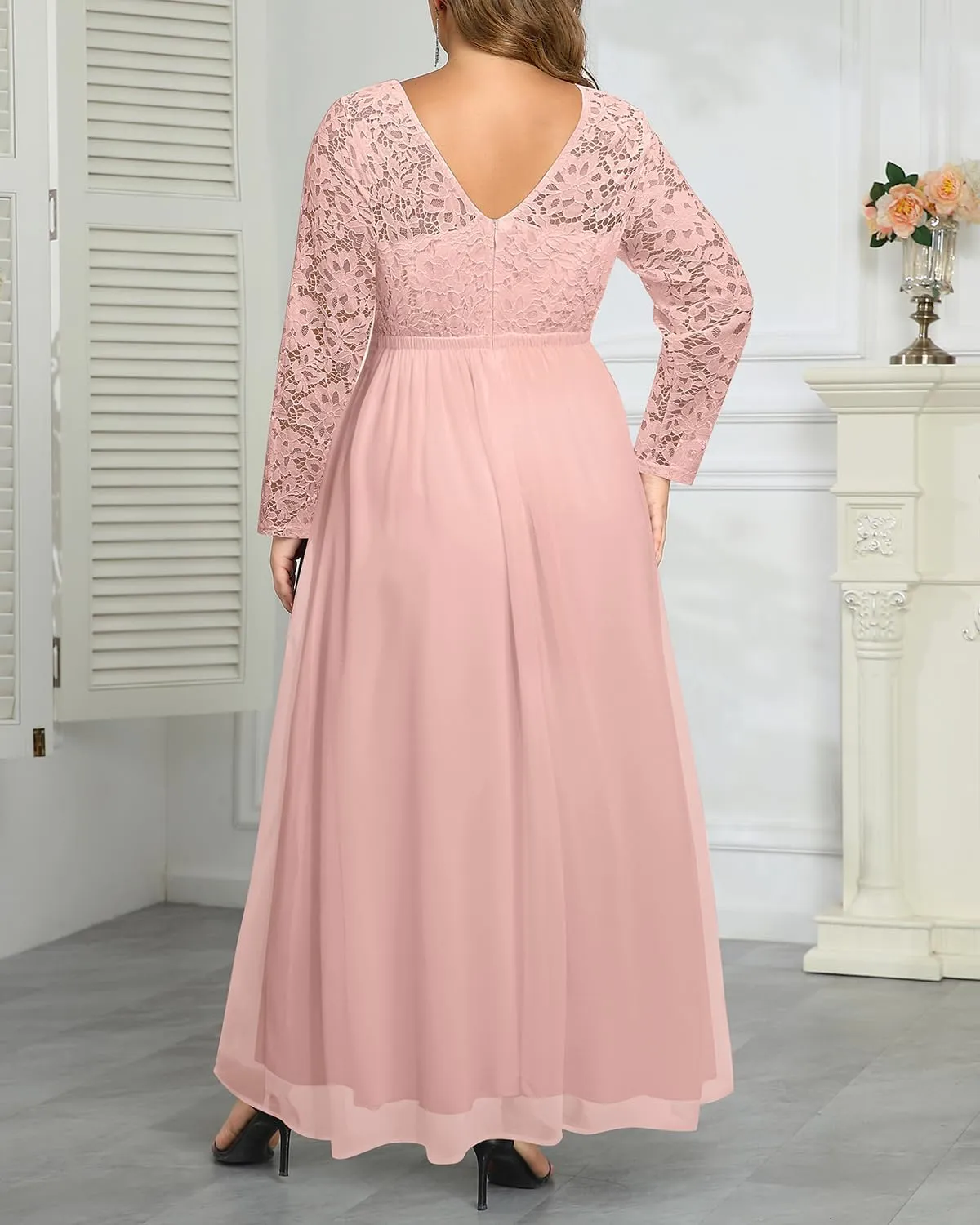 Plus Size Formal Wedding Dresses - Gowns Evening Prom Elegant V Neck Long Sleeve Lace Chiffon Long Maxi Dress