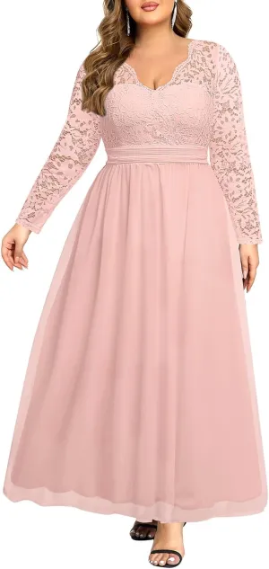 Plus Size Formal Wedding Dresses - Gowns Evening Prom Elegant V Neck Long Sleeve Lace Chiffon Long Maxi Dress