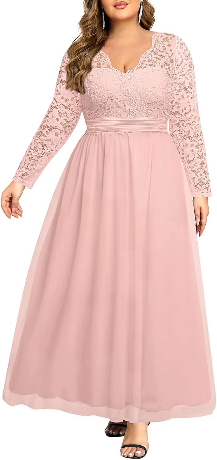 Plus Size Formal Wedding Dresses - Gowns Evening Prom Elegant V Neck Long Sleeve Lace Chiffon Long Maxi Dress