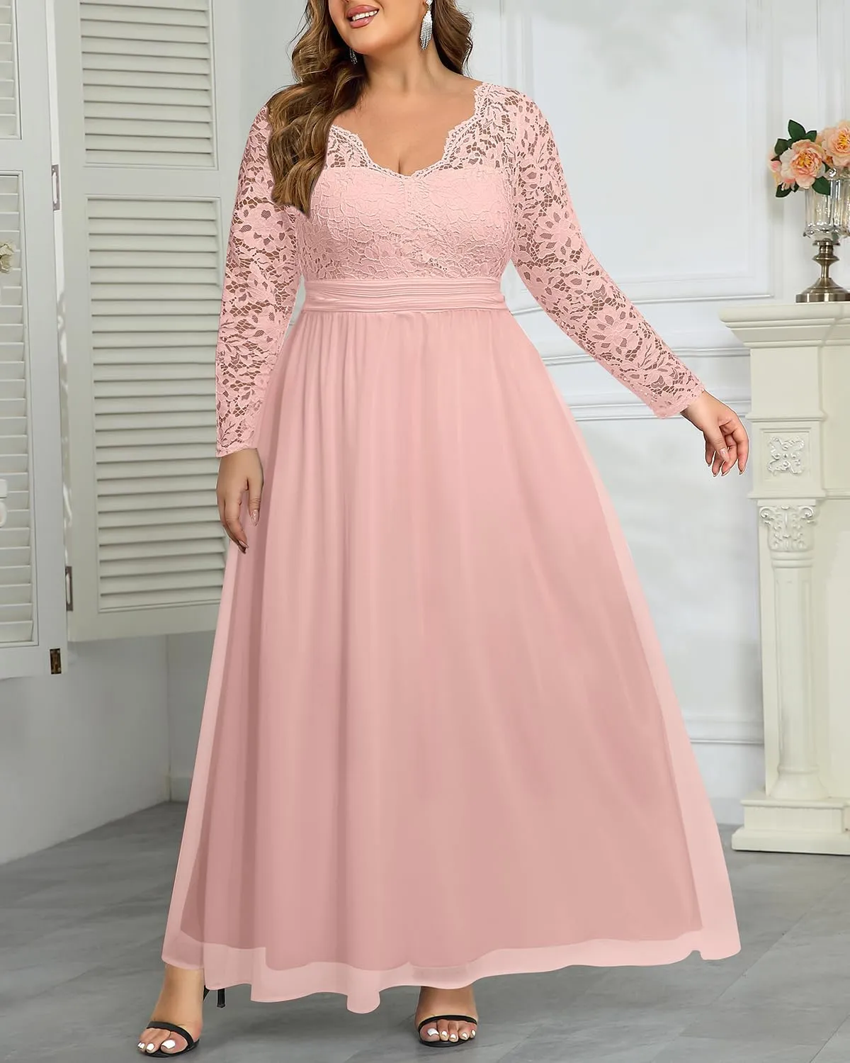 Plus Size Formal Wedding Dresses - Gowns Evening Prom Elegant V Neck Long Sleeve Lace Chiffon Long Maxi Dress