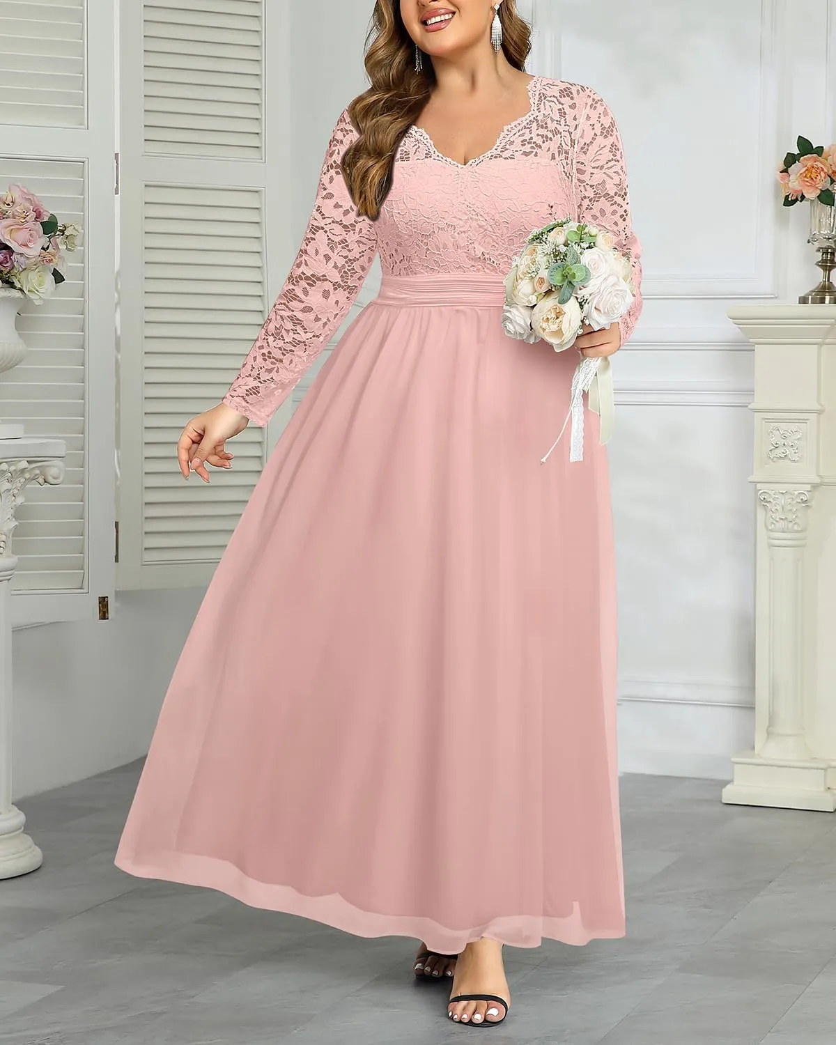 Plus Size Formal Wedding Dresses - Gowns Evening Prom Elegant V Neck Long Sleeve Lace Chiffon Long Maxi Dress