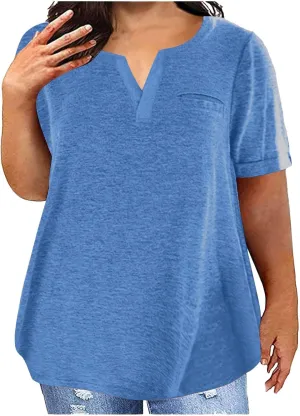 Plus Size Shirts For Women V Neck Loose Fit Summer Tshirts Short Sleeve Solid Color Fashion Blouse Comfy Tunic Tops