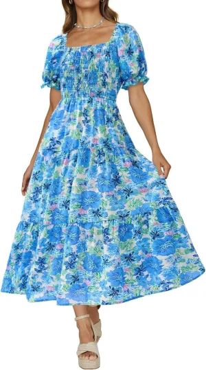 PRETTYGARDEN Women's Boho Floral Print Summer Dresses Square Neck Puff Sleeve A Line Long Dress Smocked Casual Maxi Dress