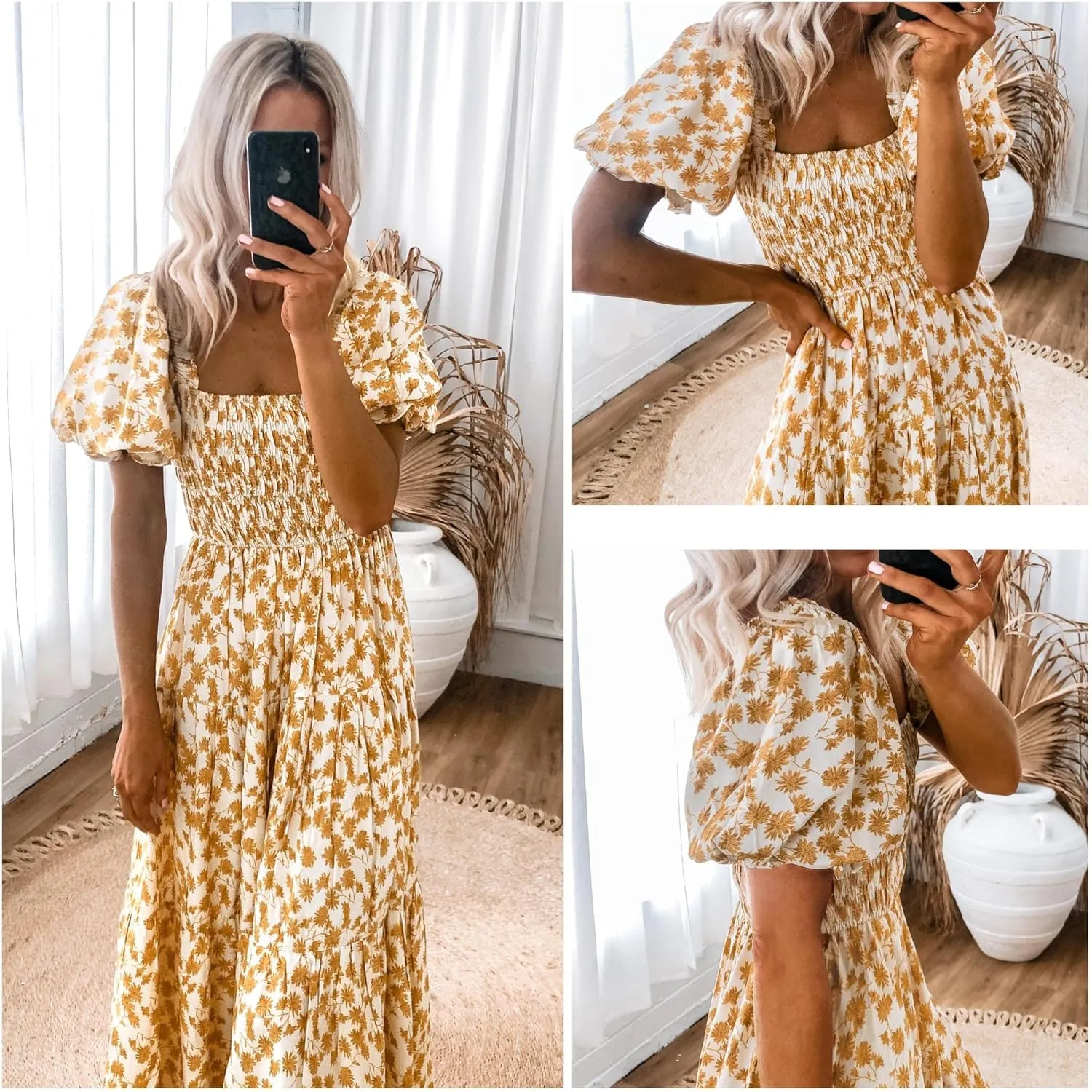 PRETTYGARDEN Women's Boho Floral Print Summer Dresses Square Neck Puff Sleeve A Line Long Dress Smocked Casual Maxi Dress