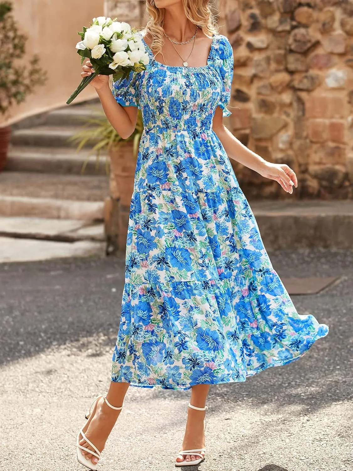 PRETTYGARDEN Women's Boho Floral Print Summer Dresses Square Neck Puff Sleeve A Line Long Dress Smocked Casual Maxi Dress