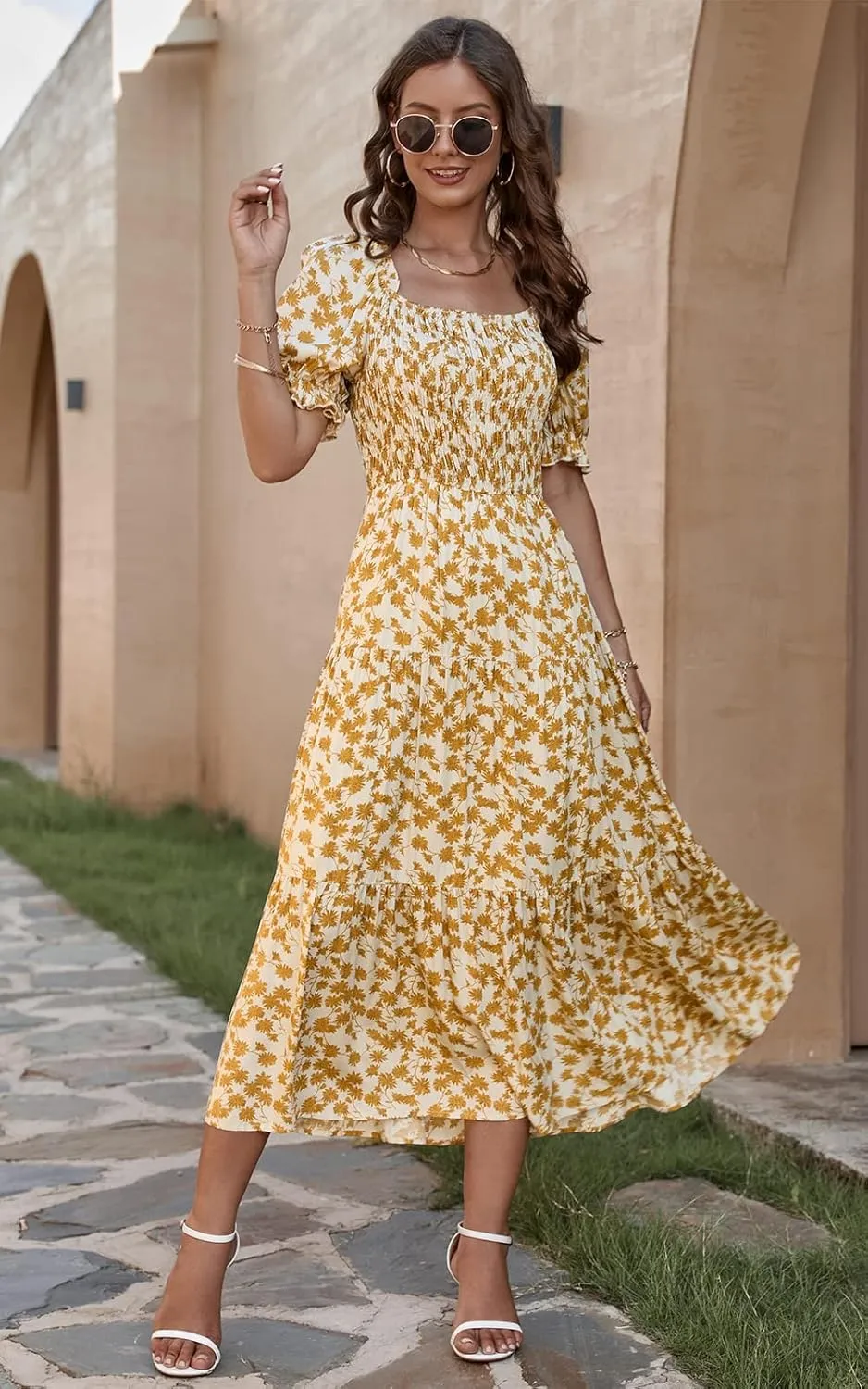PRETTYGARDEN Women's Boho Floral Print Summer Dresses Square Neck Puff Sleeve A Line Long Dress Smocked Casual Maxi Dress
