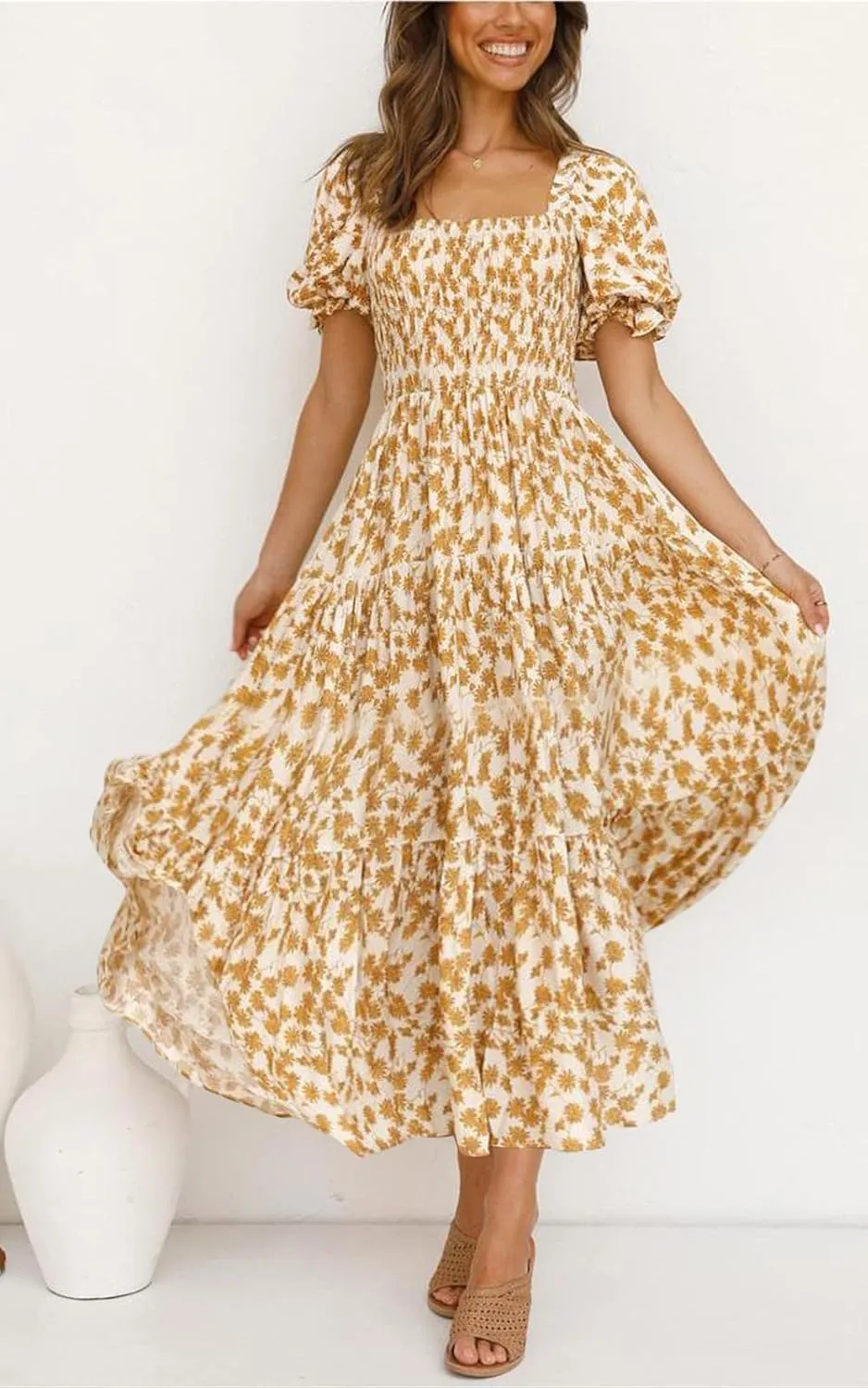 PRETTYGARDEN Women's Boho Floral Print Summer Dresses Square Neck Puff Sleeve A Line Long Dress Smocked Casual Maxi Dress