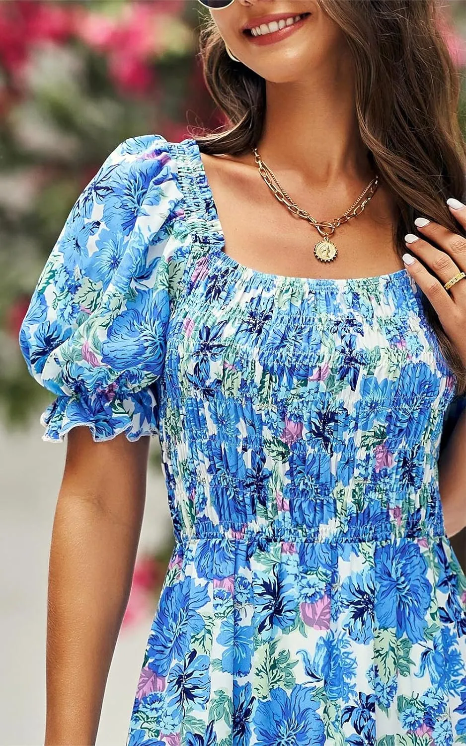 PRETTYGARDEN Women's Boho Floral Print Summer Dresses Square Neck Puff Sleeve A Line Long Dress Smocked Casual Maxi Dress