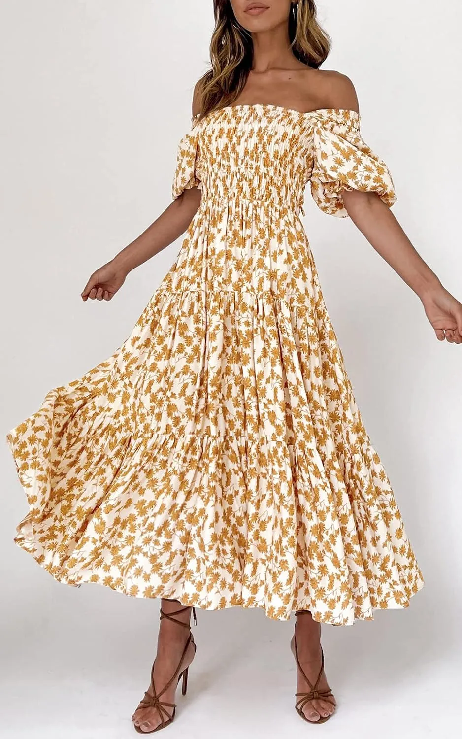 PRETTYGARDEN Women's Boho Floral Print Summer Dresses Square Neck Puff Sleeve A Line Long Dress Smocked Casual Maxi Dress