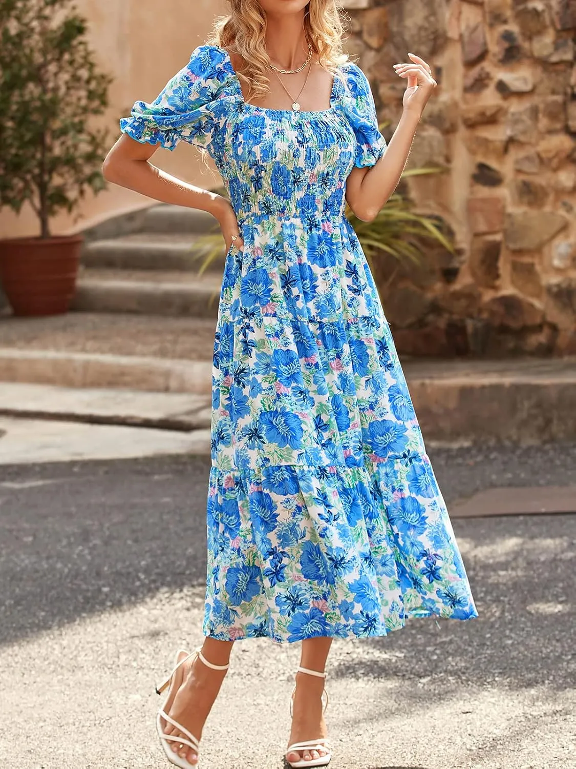 PRETTYGARDEN Women's Boho Floral Print Summer Dresses Square Neck Puff Sleeve A Line Long Dress Smocked Casual Maxi Dress