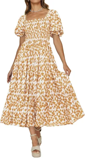 PRETTYGARDEN Women's Boho Floral Print Summer Dresses Square Neck Puff Sleeve A Line Long Dress Smocked Casual Maxi Dress