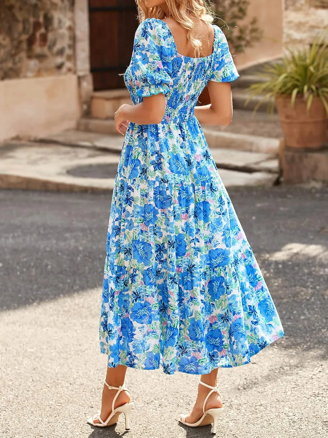 PRETTYGARDEN Women's Boho Floral Print Summer Dresses Square Neck Puff Sleeve A Line Long Dress Smocked Casual Maxi Dress