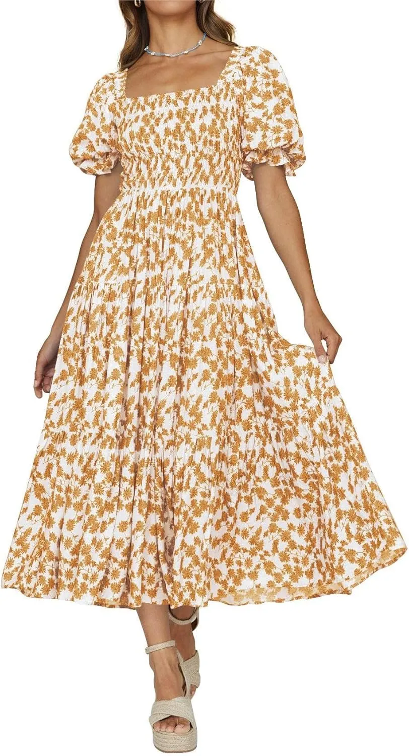 PRETTYGARDEN Women's Boho Floral Print Summer Dresses Square Neck Puff Sleeve A Line Long Dress Smocked Casual Maxi Dress