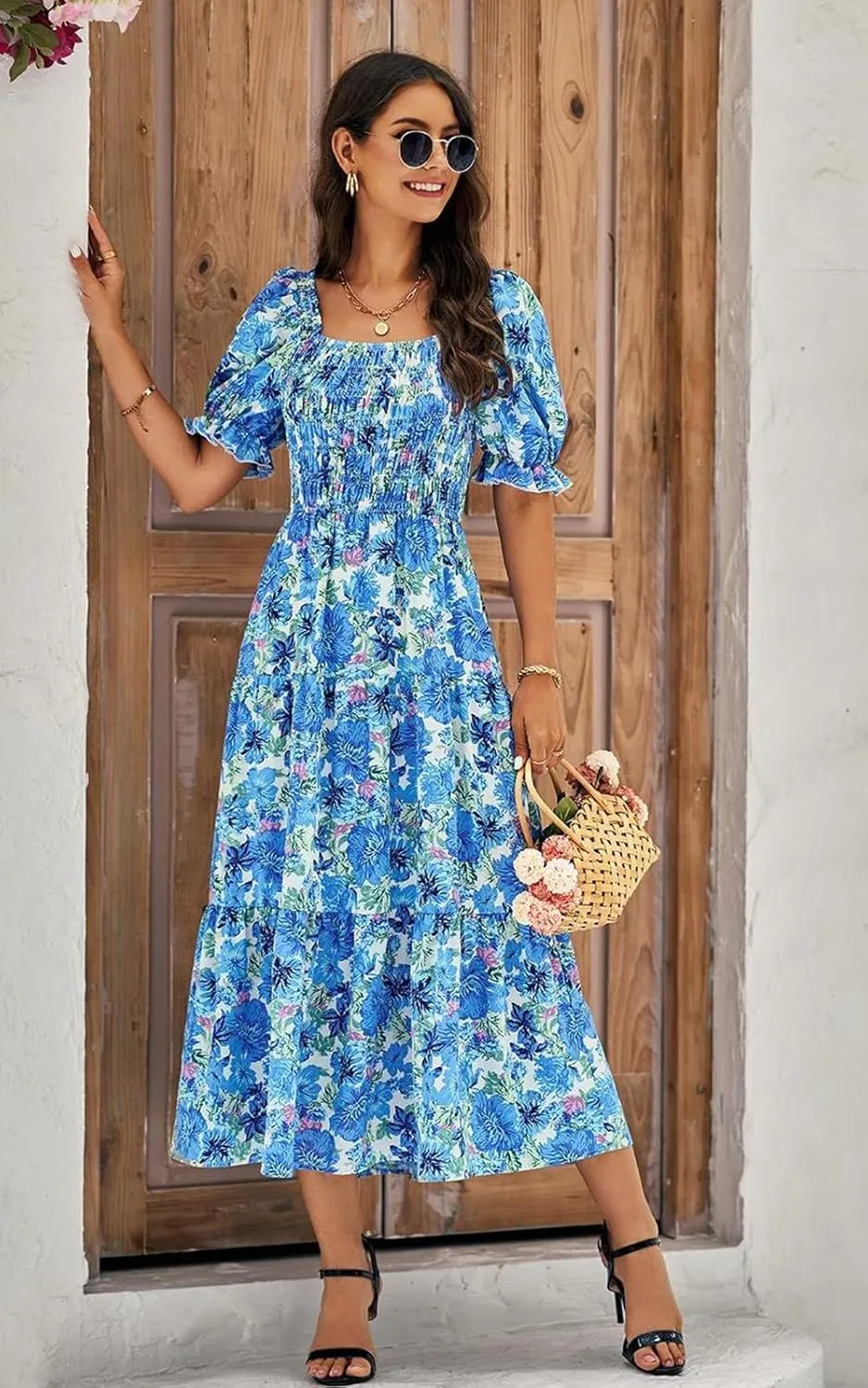 PRETTYGARDEN Women's Boho Floral Print Summer Dresses Square Neck Puff Sleeve A Line Long Dress Smocked Casual Maxi Dress