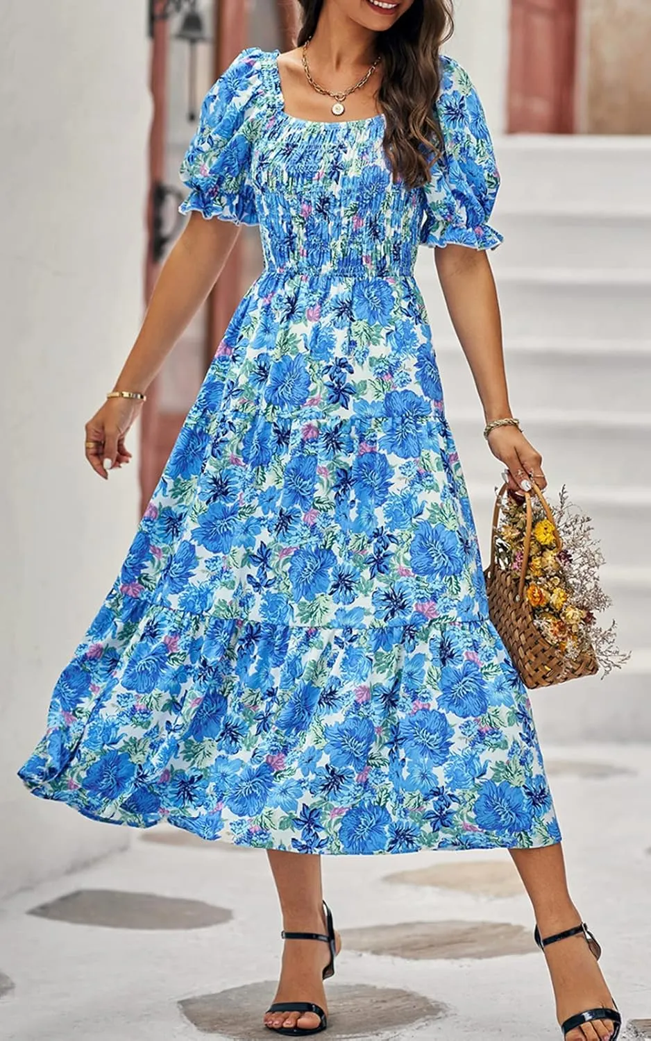 PRETTYGARDEN Women's Boho Floral Print Summer Dresses Square Neck Puff Sleeve A Line Long Dress Smocked Casual Maxi Dress