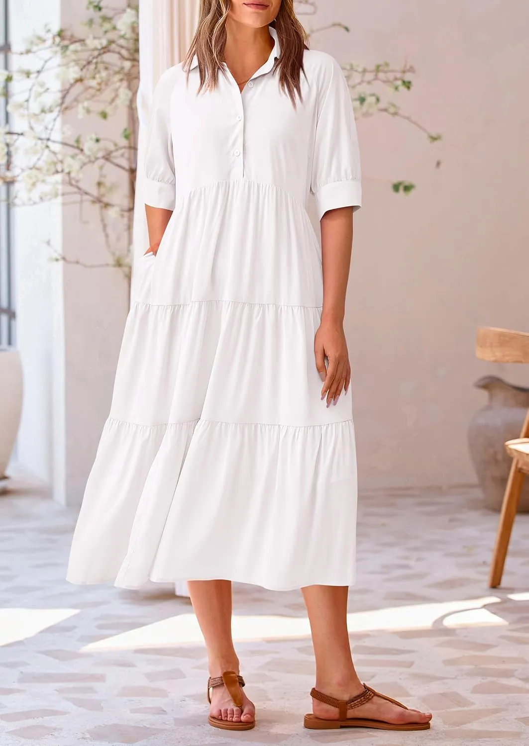 PRETTYGARDEN Women's Summer Beach Maxi Dress Short Sleeve Buttons Tiered Ruffle A Line Swing Dresses