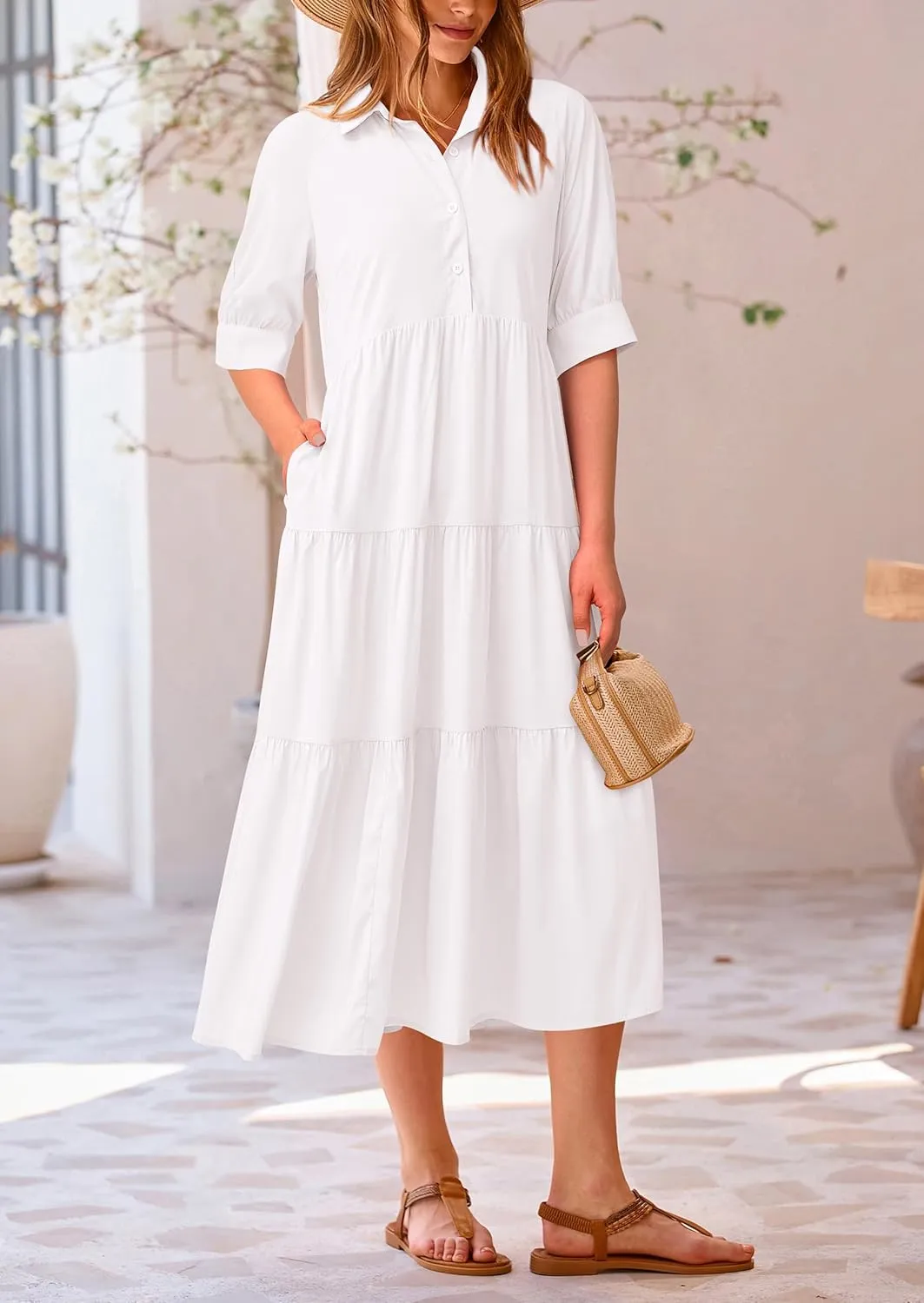 PRETTYGARDEN Women's Summer Beach Maxi Dress Short Sleeve Buttons Tiered Ruffle A Line Swing Dresses
