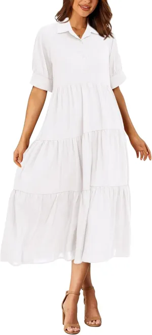 PRETTYGARDEN Women's Summer Beach Maxi Dress Short Sleeve Buttons Tiered Ruffle A Line Swing Dresses