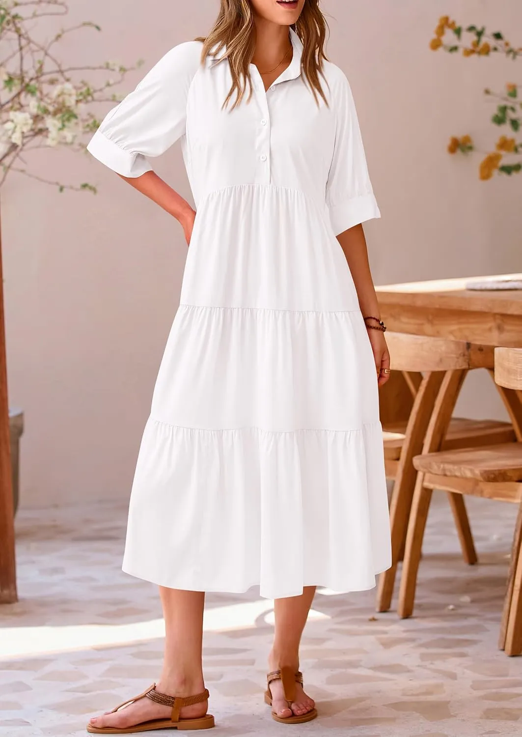 PRETTYGARDEN Women's Summer Beach Maxi Dress Short Sleeve Buttons Tiered Ruffle A Line Swing Dresses