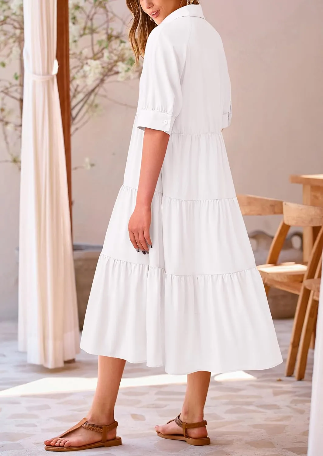 PRETTYGARDEN Women's Summer Beach Maxi Dress Short Sleeve Buttons Tiered Ruffle A Line Swing Dresses
