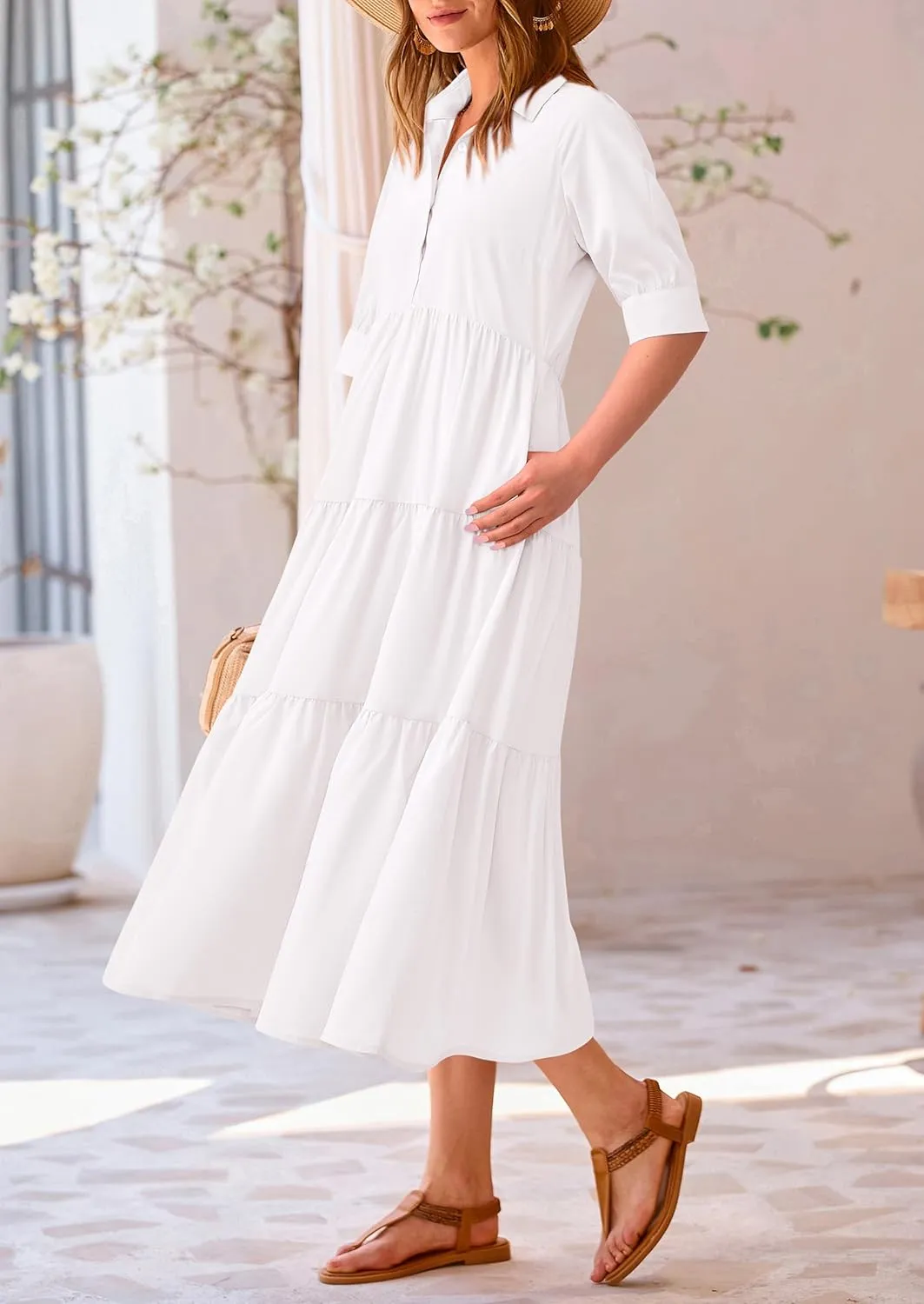 PRETTYGARDEN Women's Summer Beach Maxi Dress Short Sleeve Buttons Tiered Ruffle A Line Swing Dresses