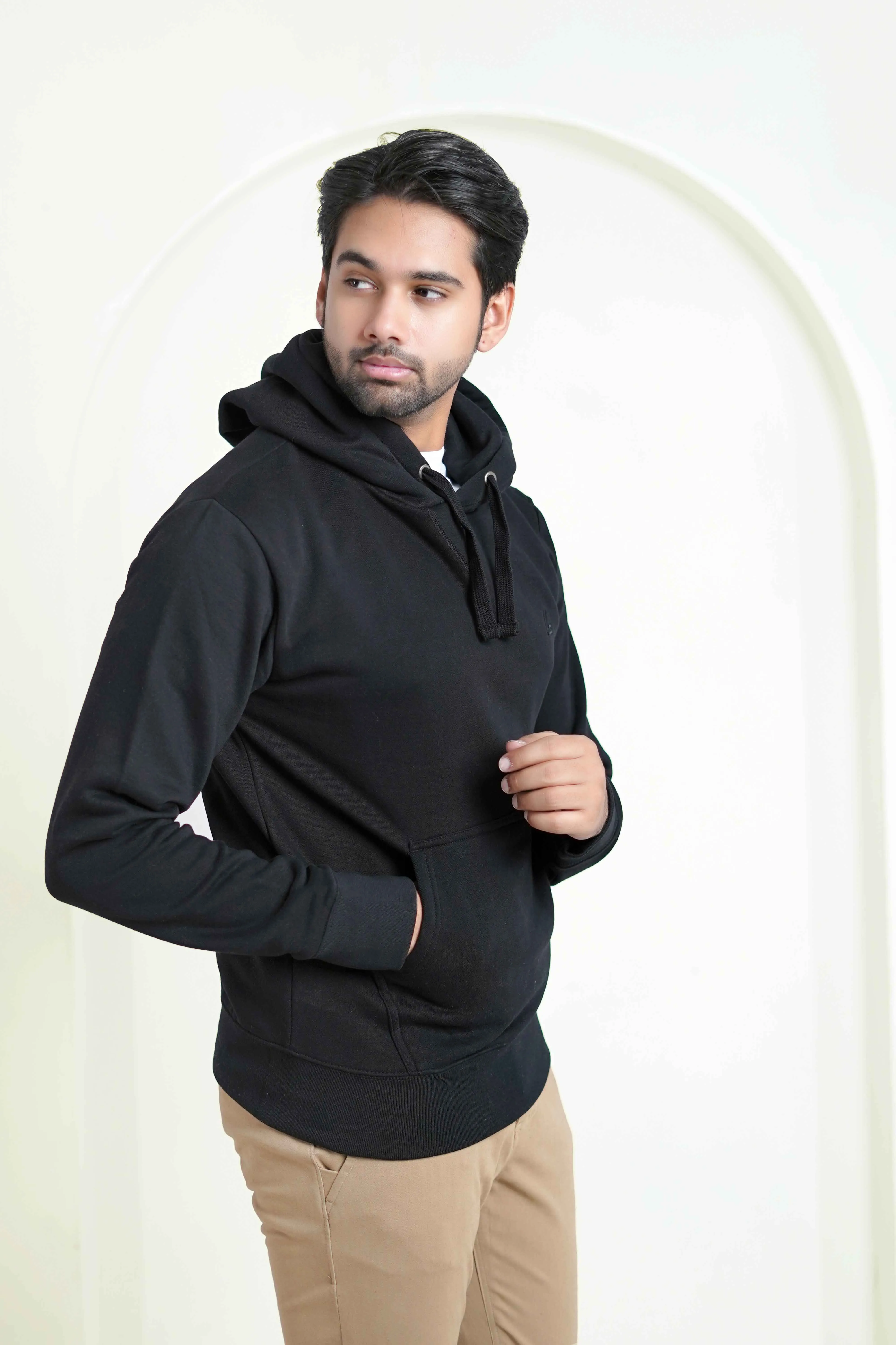 Pull Over Hoodie - Woolen Fleece Black Plain