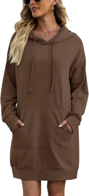 Quenteen Women Hoodies Dress Hooded Sweatshirts Dress Casual Long Sleeve Tunic Dress Oversized Sweatshirts with Pocket