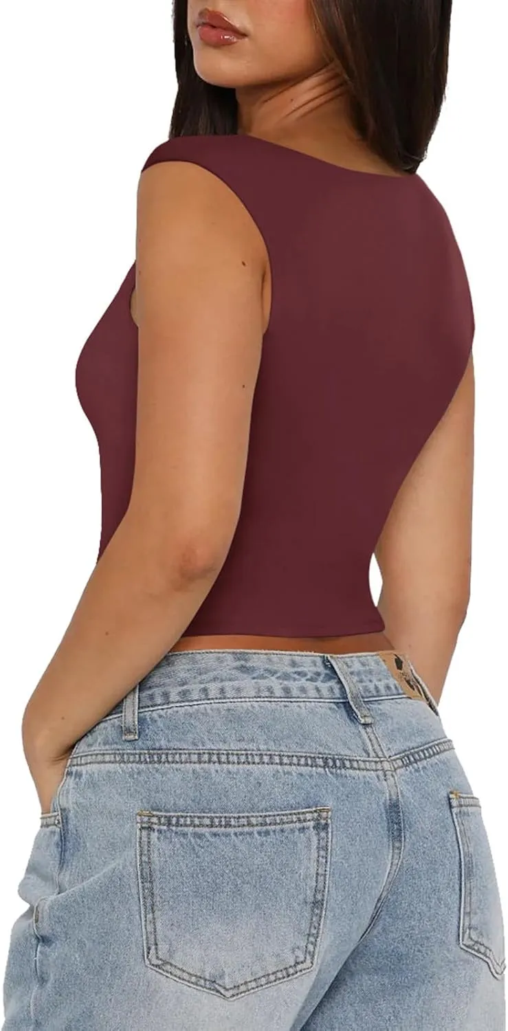 REORIA Women's Trendy Butsmooth Sexy Casual V Neck Double Lined Sleeveless Slimming Going Out Crop Tank Top