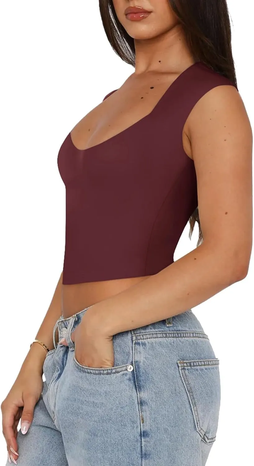 REORIA Women's Trendy Butsmooth Sexy Casual V Neck Double Lined Sleeveless Slimming Going Out Crop Tank Top