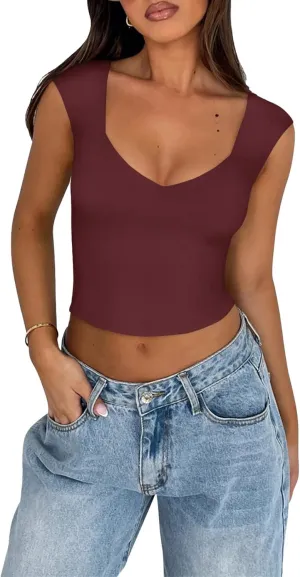 REORIA Women's Trendy Butsmooth Sexy Casual V Neck Double Lined Sleeveless Slimming Going Out Crop Tank Top