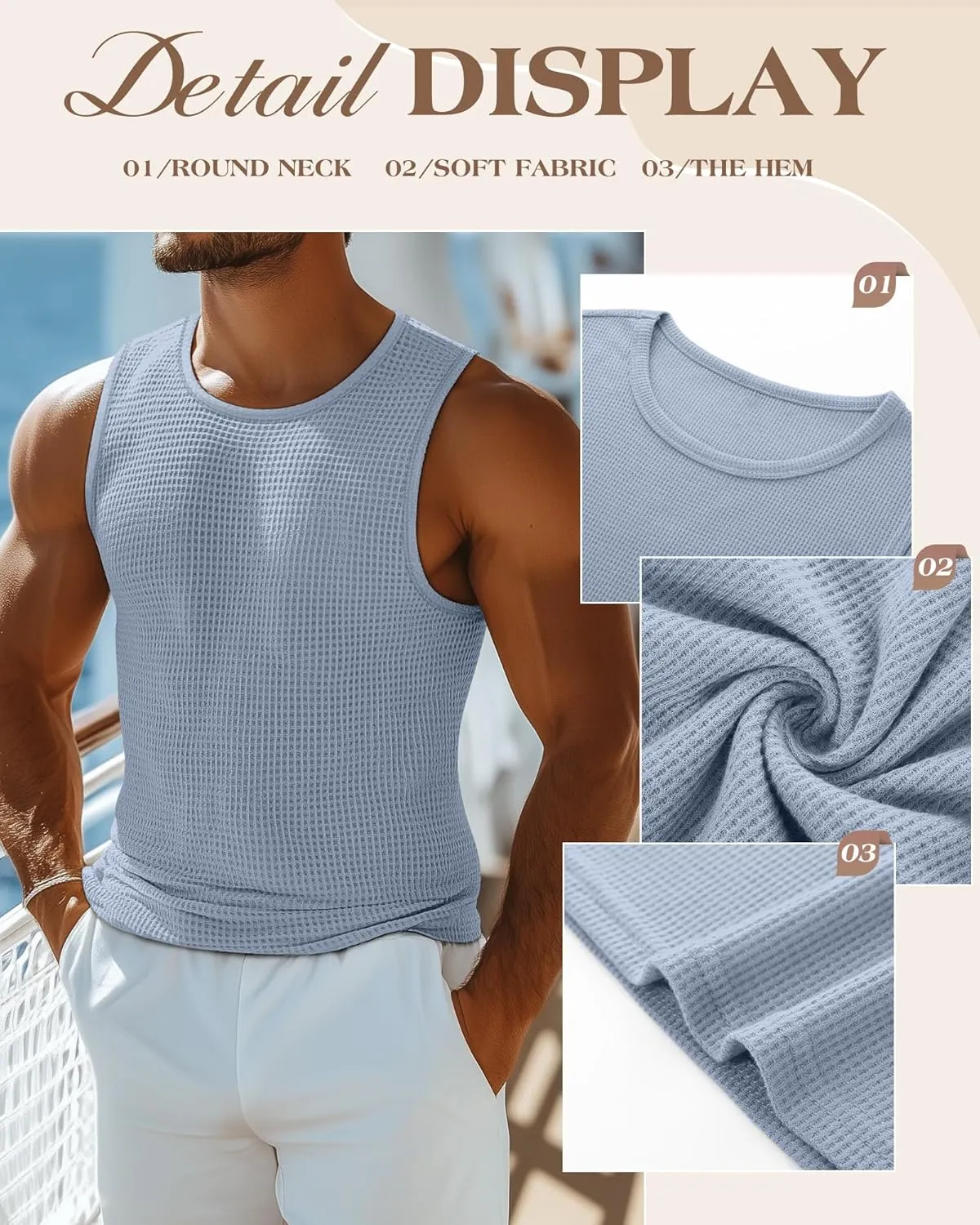 Riyiper 3 Pack Men's Waffle Knit Tank Tops, Casual Sleeveless Tank Shirts Summer Classic Beach T-Shirts Breathable Muscle Tee