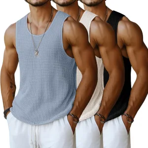 Riyiper 3 Pack Men's Waffle Knit Tank Tops, Casual Sleeveless Tank Shirts Summer Classic Beach T-Shirts Breathable Muscle Tee