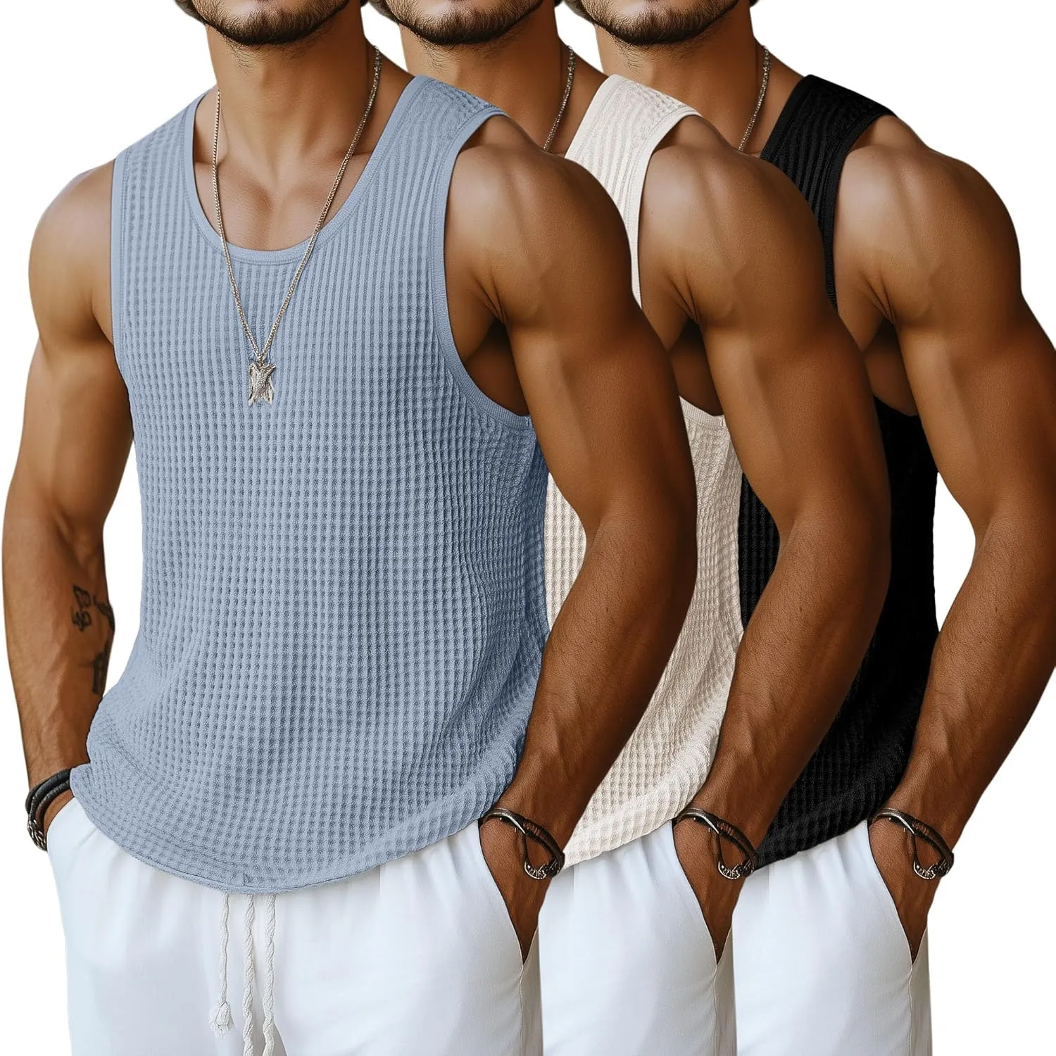 Riyiper 3 Pack Men's Waffle Knit Tank Tops, Casual Sleeveless Tank Shirts Summer Classic Beach T-Shirts Breathable Muscle Tee