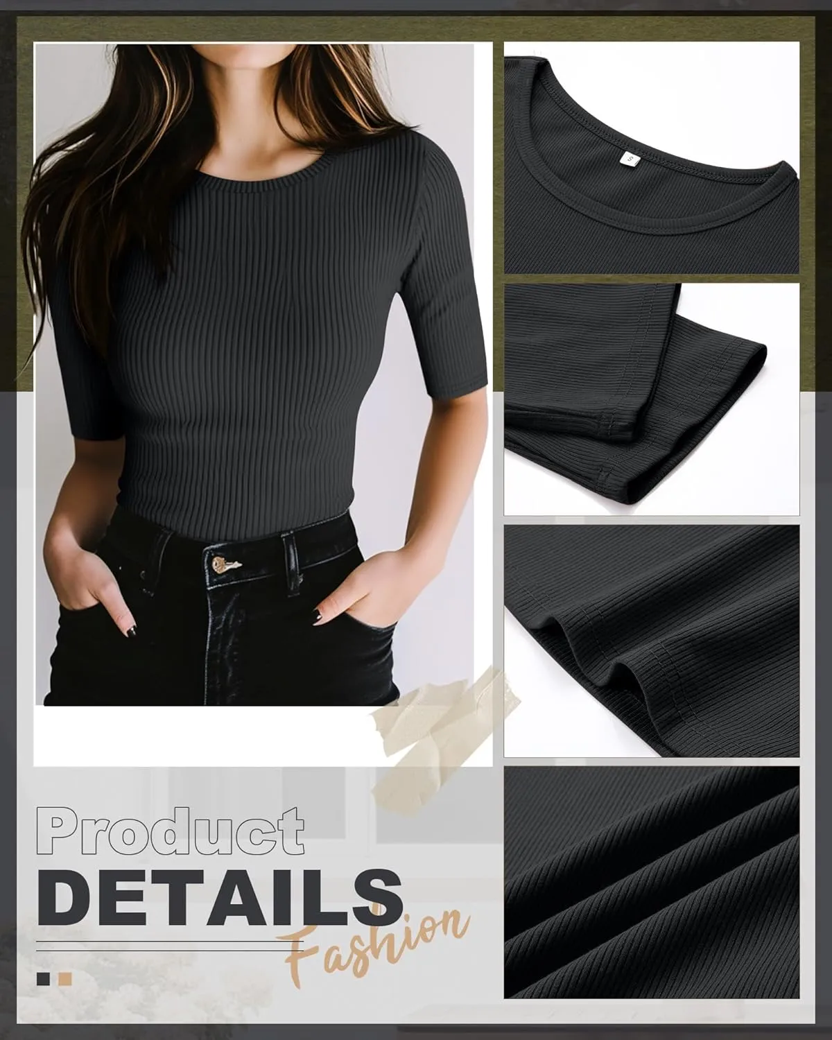Riyiper 3 Pack Women's Half Sleeve Tops, Elbow Length Ribbed Cotton T Shirt Crew Neck Summer Tee Slim Fit Casual Blouses