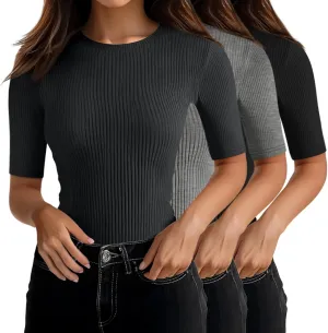 Riyiper 3 Pack Women's Half Sleeve Tops, Elbow Length Ribbed Cotton T Shirt Crew Neck Summer Tee Slim Fit Casual Blouses
