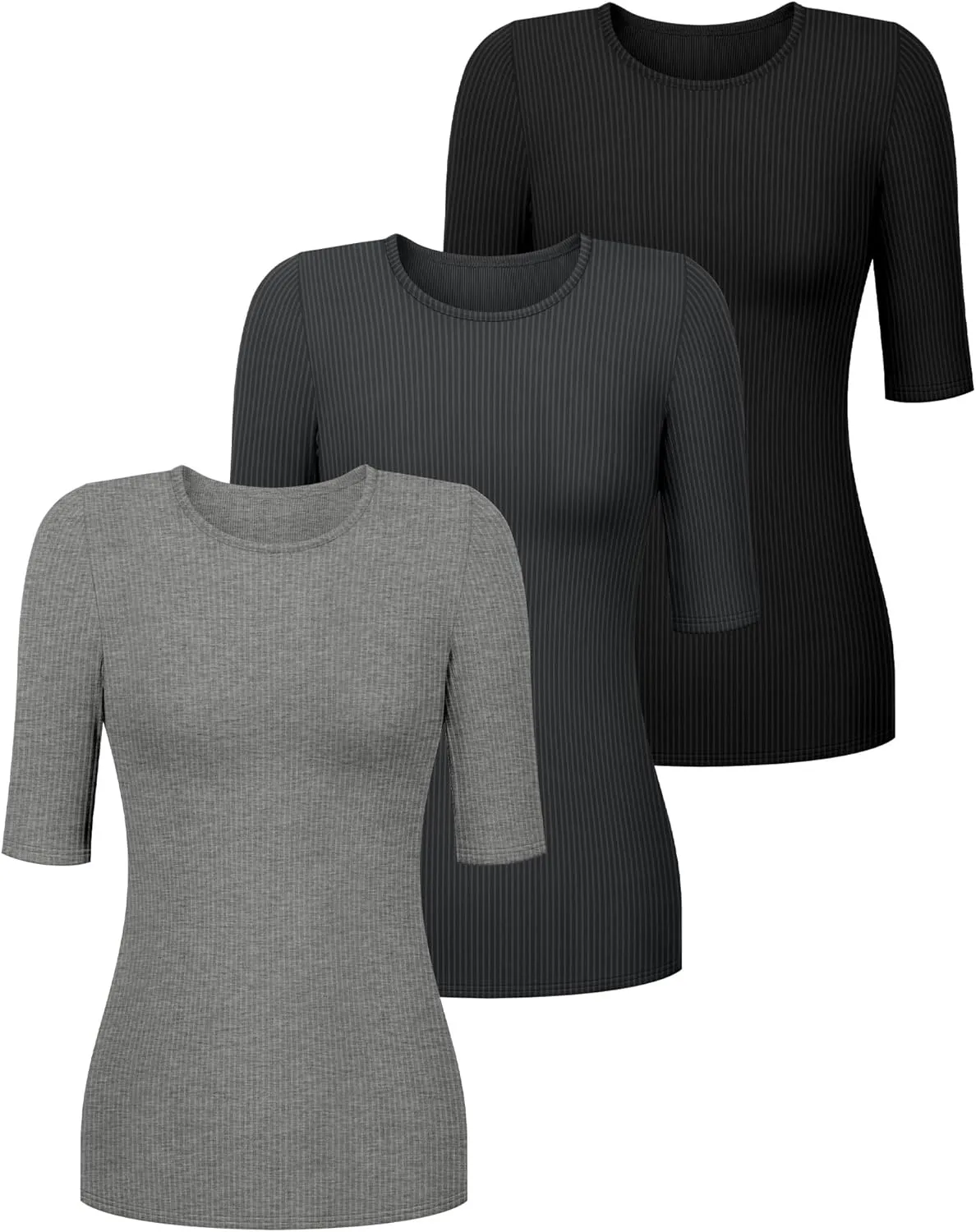 Riyiper 3 Pack Women's Half Sleeve Tops, Elbow Length Ribbed Cotton T Shirt Crew Neck Summer Tee Slim Fit Casual Blouses