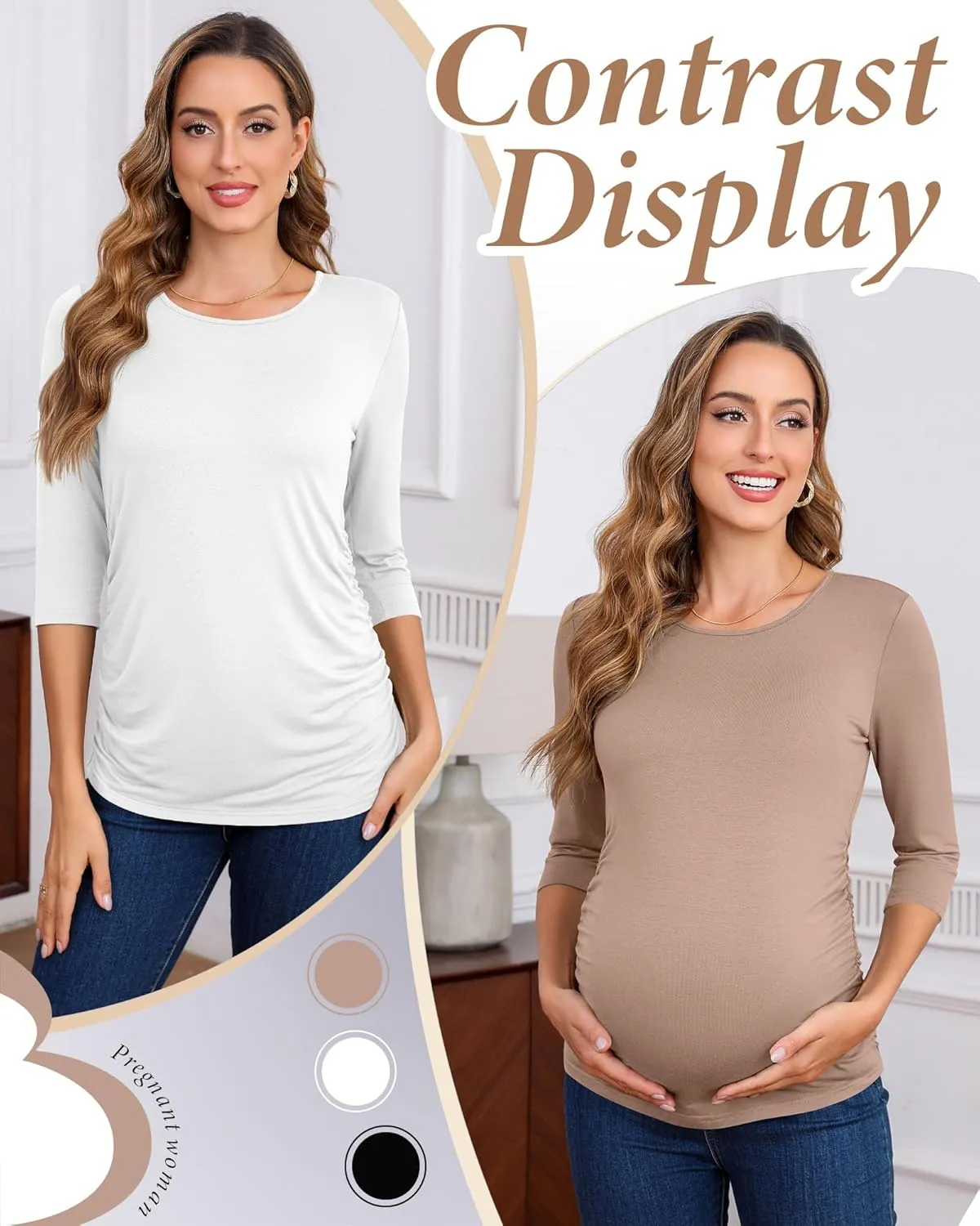 Riyiper 3 Pack Women's Maternity Shirts, 3/4 Sleeve Crew Neck Pregnancy Tee Tops Side Ruched Casual Tunic Pregnant T Shirts