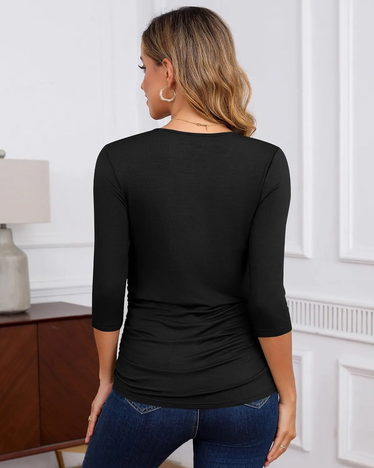 Riyiper 3 Pack Women's Maternity Shirts, 3/4 Sleeve Crew Neck Pregnancy Tee Tops Side Ruched Casual Tunic Pregnant T Shirts
