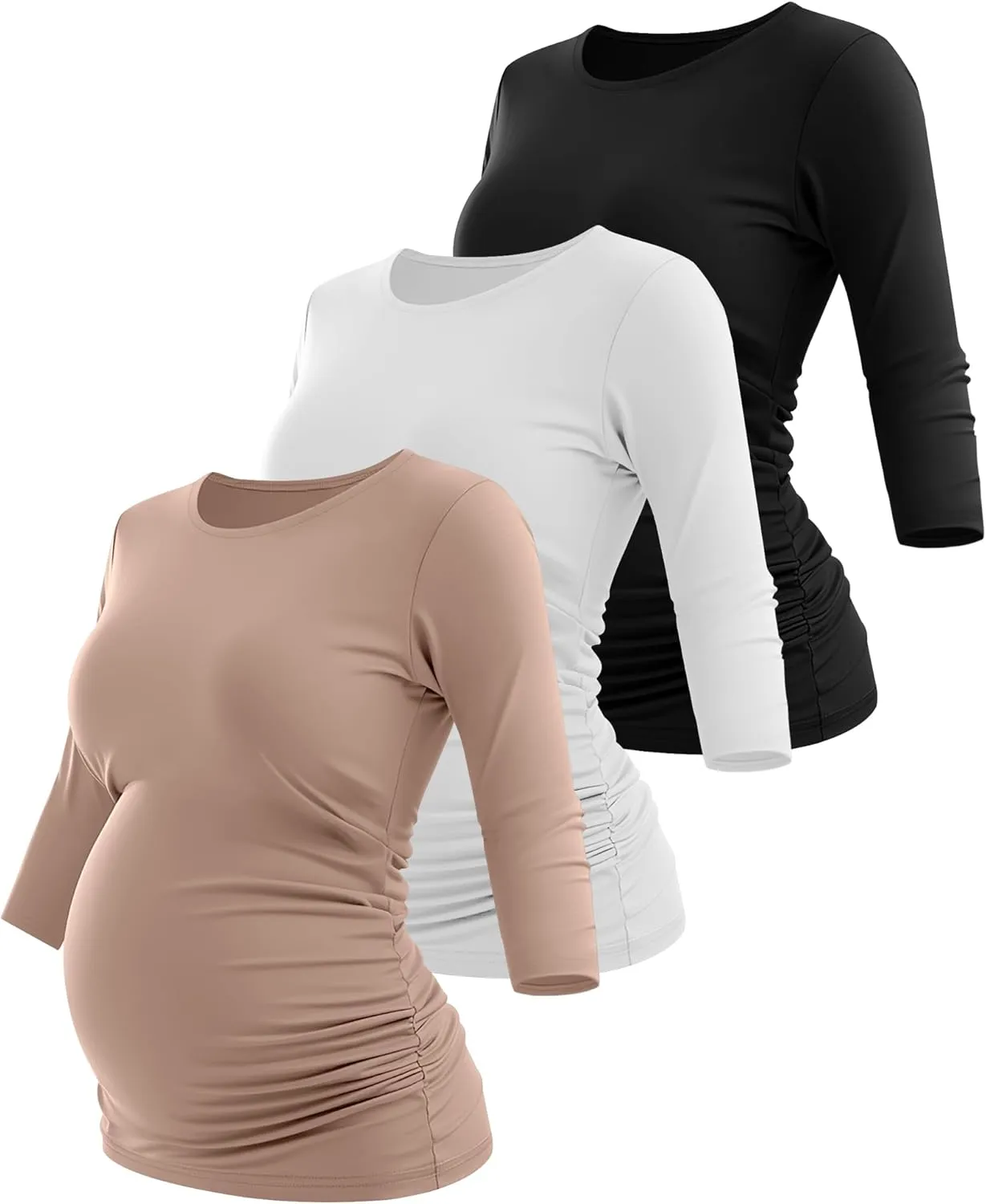 Riyiper 3 Pack Women's Maternity Shirts, 3/4 Sleeve Crew Neck Pregnancy Tee Tops Side Ruched Casual Tunic Pregnant T Shirts