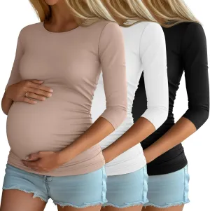 Riyiper 3 Pack Women's Maternity Shirts, 3/4 Sleeve Crew Neck Pregnancy Tee Tops Side Ruched Casual Tunic Pregnant T Shirts