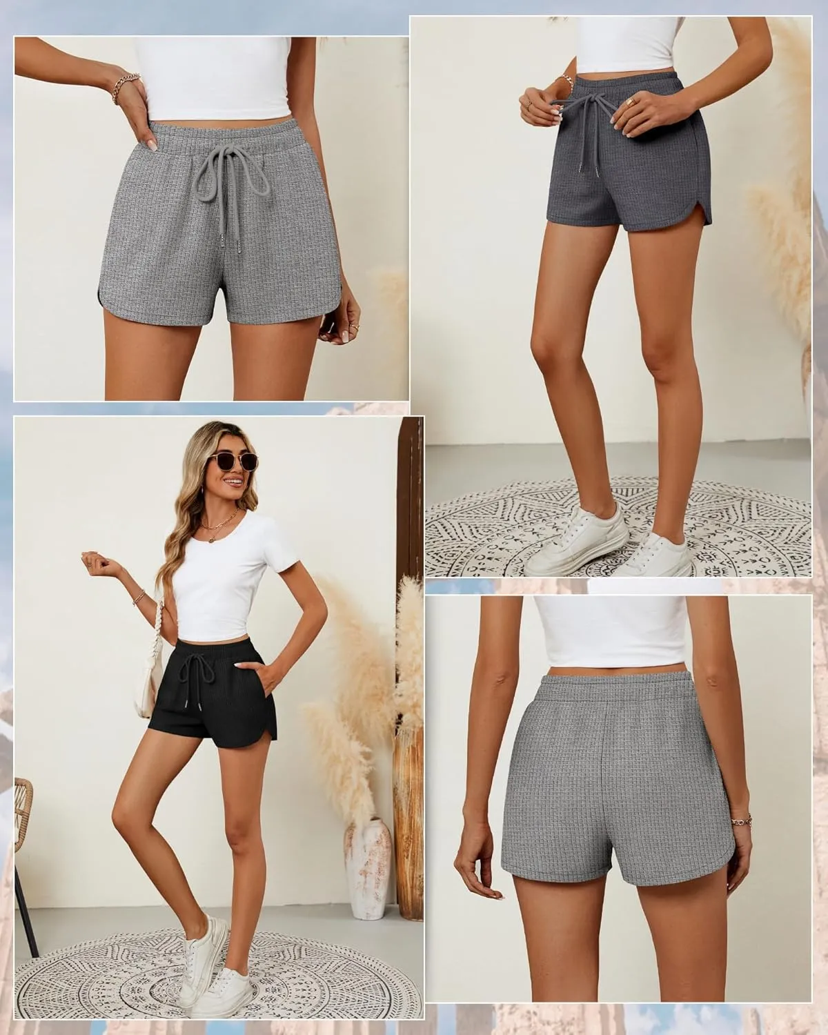 Riyiper 3 Pack Women's Waffle Knit Shorts Cotton Drawstring Lounge Summer Comfy Casual Shorts with Pockets