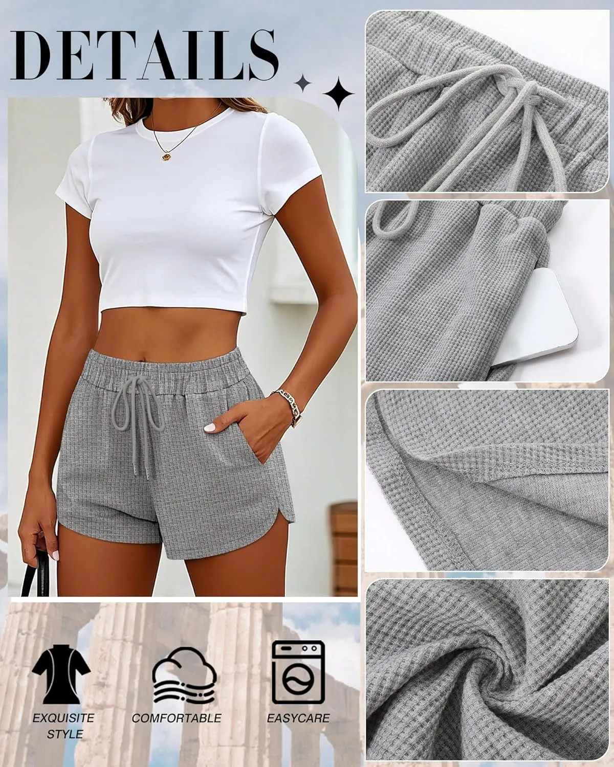 Riyiper 3 Pack Women's Waffle Knit Shorts Cotton Drawstring Lounge Summer Comfy Casual Shorts with Pockets