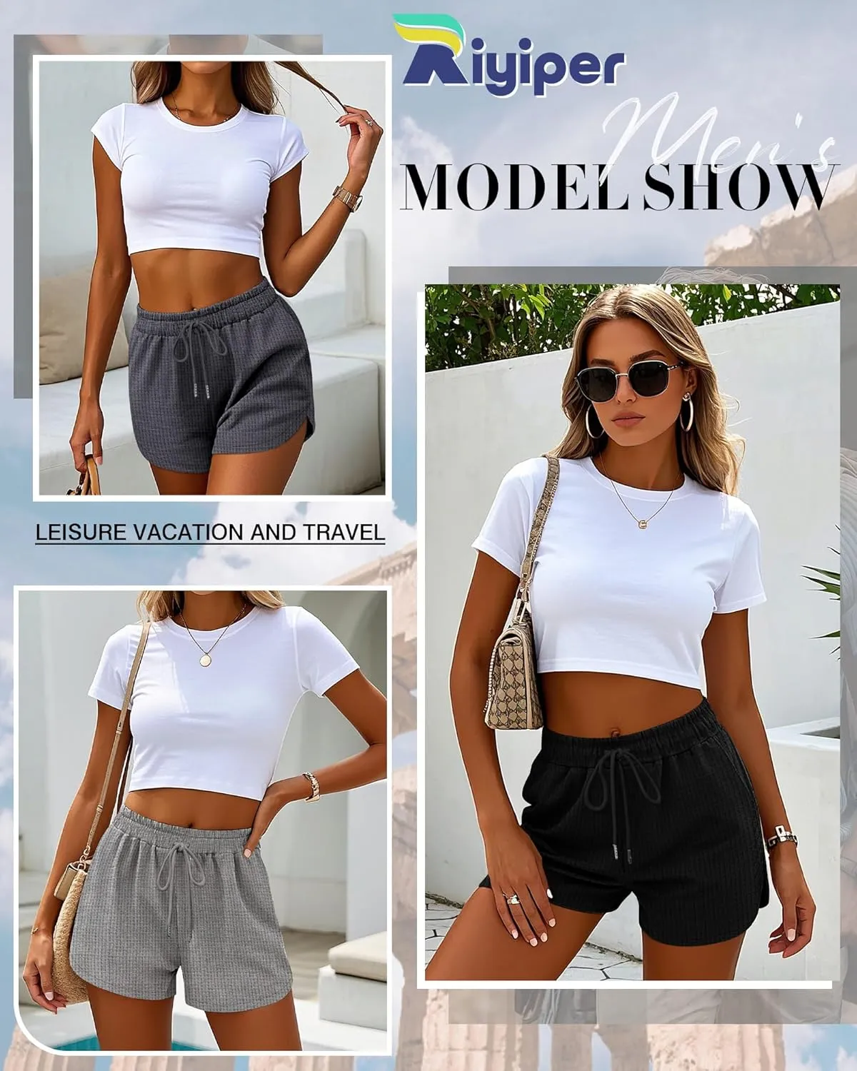 Riyiper 3 Pack Women's Waffle Knit Shorts Cotton Drawstring Lounge Summer Comfy Casual Shorts with Pockets