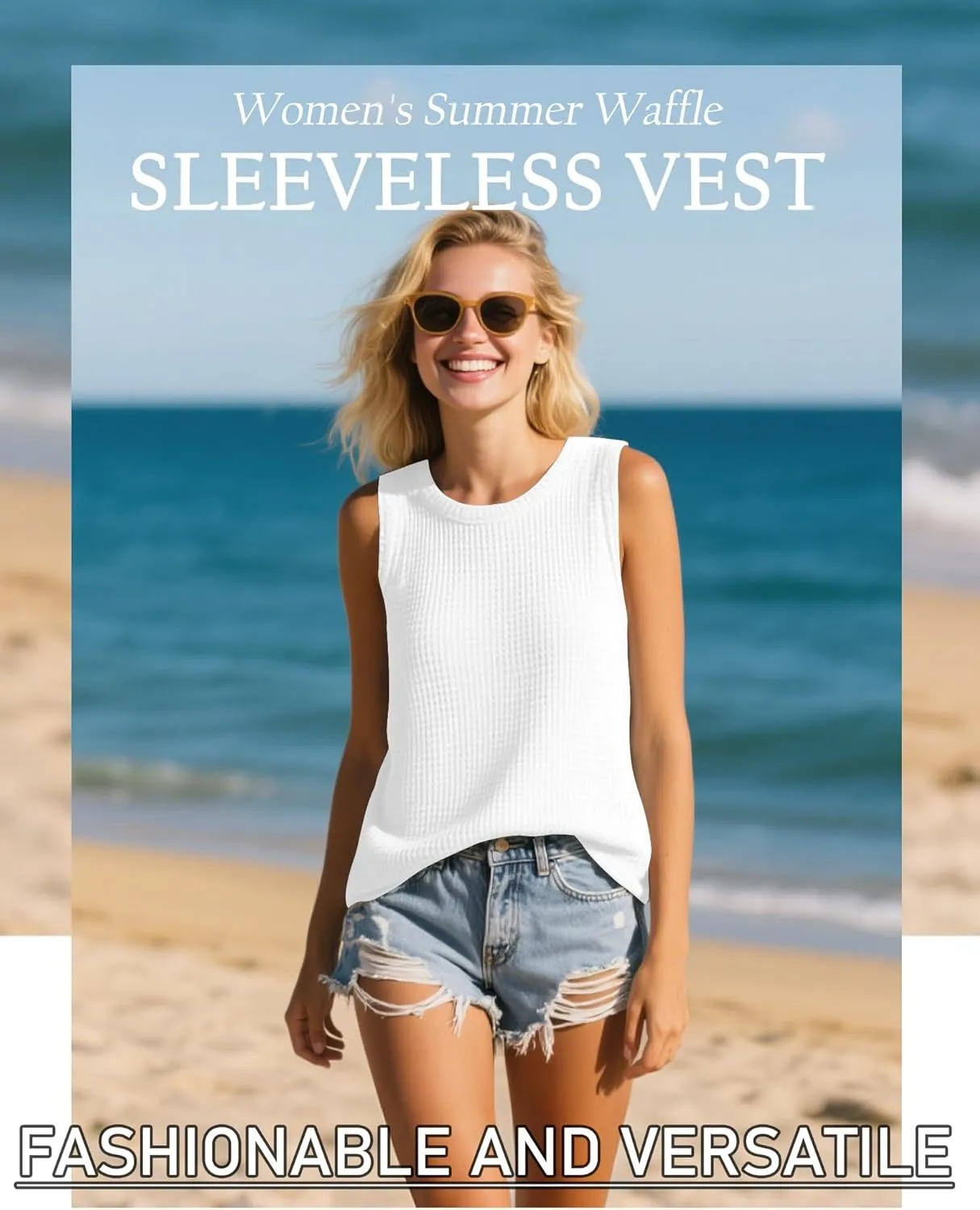 Riyiper 3 Pack Women's Waffle Knit Tank Tops, Sleeveless Casual Summer Tanks Camis Loose Crewneck Curved Hem Beach Tee Shirts