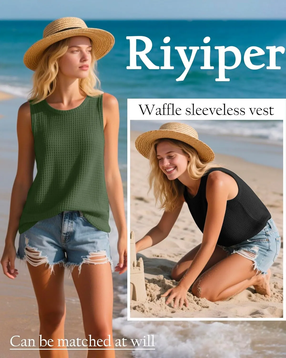 Riyiper 3 Pack Women's Waffle Knit Tank Tops, Sleeveless Casual Summer Tanks Camis Loose Crewneck Curved Hem Beach Tee Shirts