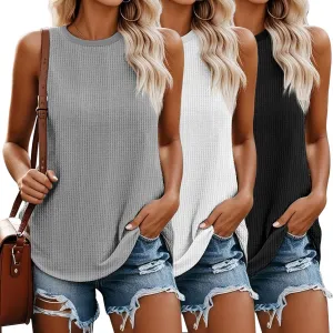 Riyiper 3 Pack Women's Waffle Knit Tank Tops, Sleeveless Casual Summer Tanks Camis Loose Crewneck Curved Hem Beach Tee Shirts