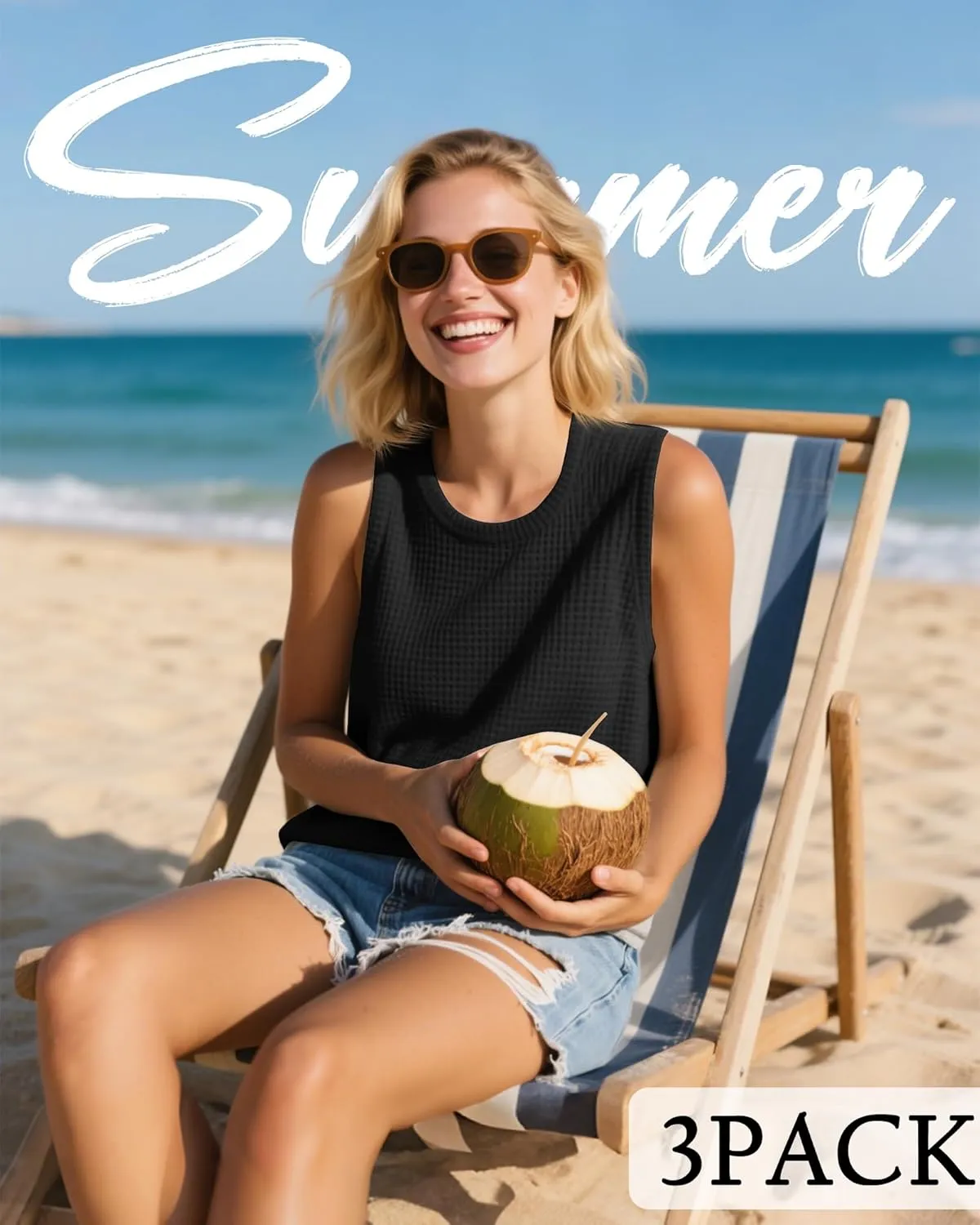 Riyiper 3 Pack Women's Waffle Knit Tank Tops, Sleeveless Casual Summer Tanks Camis Loose Crewneck Curved Hem Beach Tee Shirts