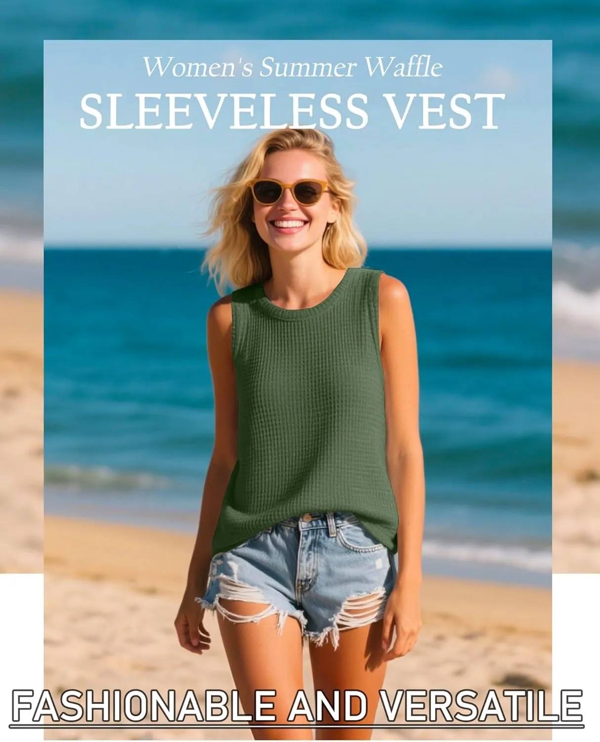 Riyiper 3 Pack Women's Waffle Knit Tank Tops, Sleeveless Casual Summer Tanks Camis Loose Crewneck Curved Hem Beach Tee Shirts