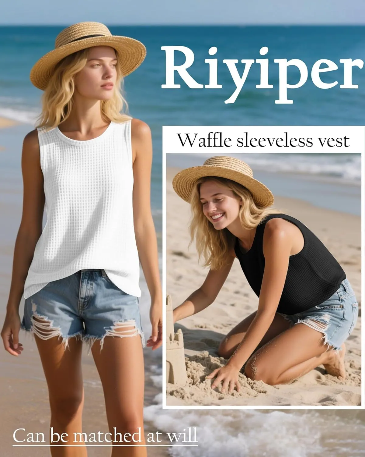 Riyiper 3 Pack Women's Waffle Knit Tank Tops, Sleeveless Casual Summer Tanks Camis Loose Crewneck Curved Hem Beach Tee Shirts